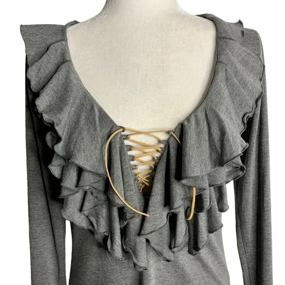 Union of Angels Ruffle Front Sheath Dress M Grey Leather Lace Up Stretch Knit - Picture 2 of 6